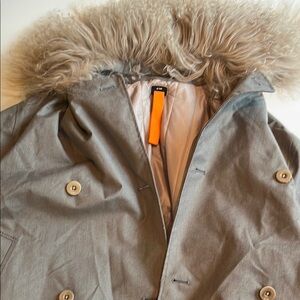 Gray Bomber Jacket with Fur Trim and Bright Lining removable vest and hood